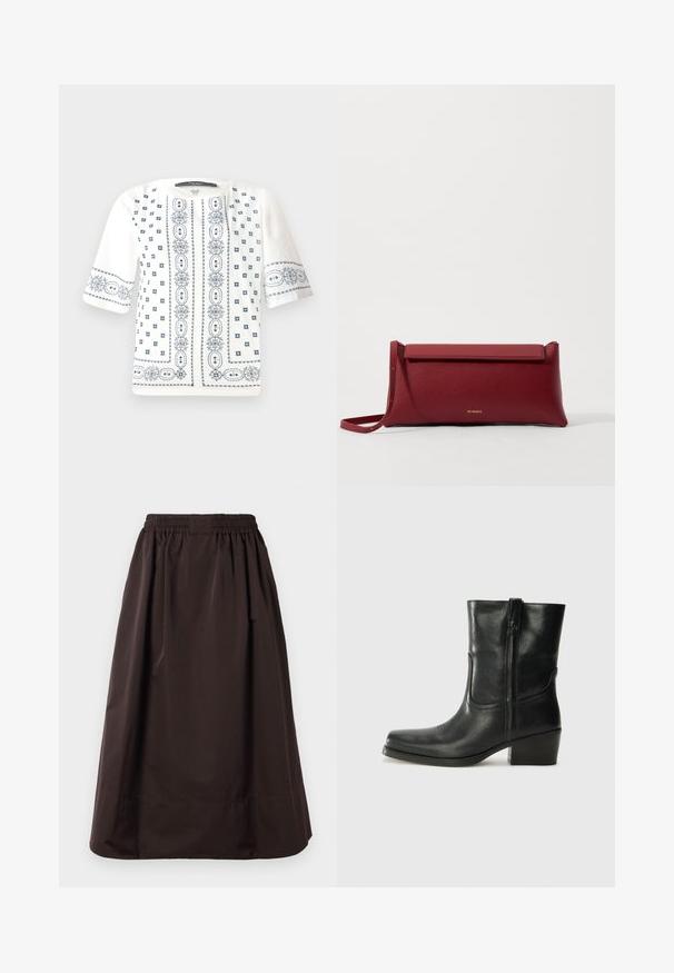 Valkoinen lyhythihainen paita, jossa on sinisiä kukkakirjontoja, pyöreä pääntie ja monimutkaiset kuviot edessä ja hihoissa.; Rusk midi-pituus hame, jossa on elastinen vyötärö ja leveä helmaresori, valmistettu sileästä kankaasta, jossa on hienovaraiset olevat laskokset vyötärön alapuolella.; Musta nahkasaapas nilkkamittaisella varrella, pyöreällä kärjellä, lohkarekorolla, sivuvetoketjulla ja ompeluaksentilla varren yläosassa. Suora pinta, klassinen muotoilu.; Punainen nahkainen clutch-muoti, jossa on teksturoitu pinta, litteä taittopäällinen ja lyhyt hihna. Hienovarainen brändilogo edessä.