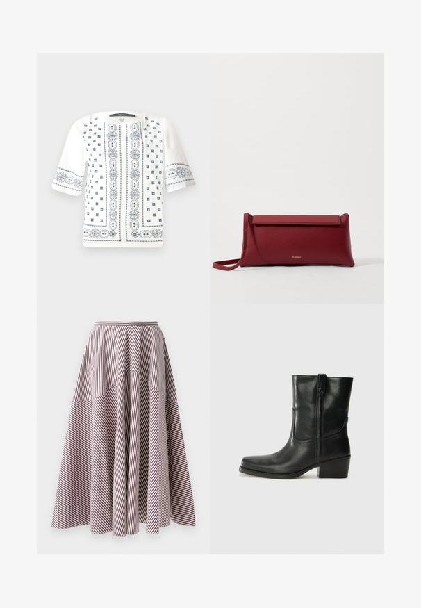 White short-sleeve blouse featuring blue floral embroidery, a round neckline, and intricate patterns along the front and sleeves.; Striped skirt with vertical white and burgundy lines, featuring a flared design and gathered texture at the waist, made from lightweight fabric.; Black leather ankle boot with a rounded toe, block heel, side zipper, and stitching accents on the vamp. Smooth texture, classic design.; Red leather clutch bag with a textured finish, featuring a flat fold-over top and a short strap. Subtle brand logo on the front.