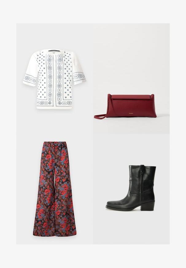 White short-sleeve blouse featuring blue floral embroidery, a round neckline, and intricate patterns along the front and sleeves.; Wide-leg trousers featuring a black fabric adorned with a vibrant floral pattern in red and blue, with an elastic waistband for comfort.; Black leather ankle boot with a rounded toe, block heel, side zipper, and stitching accents on the vamp. Smooth texture, classic design.; Red leather clutch bag with a textured finish, featuring a flat fold-over top and a short strap. Subtle brand logo on the front.