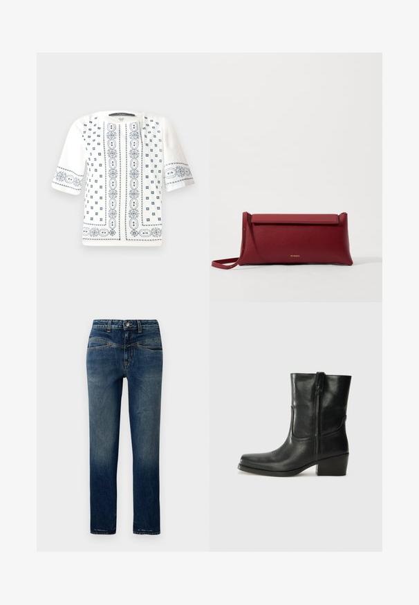 Fehér, rövid ujjú blúz, kék virágos hímzéssel, kerek nyakkivágással és bonyolult mintákkal az elején és az ujjakon.; Sötétkék farmernadrág egyenes szabással, világos kopásokkal, narancs varrással és gombos derékzárral.; Fekete bőr bokacsizma lekerekített orral, blokk sarkúval, oldalsó cipzárral és varrásos díszítéssel az elején. Simább textúra, klasszikus dizájn.; Piros bőr klutcs táska textúrázott felülettel, lapos hajtogatott tetejével és rövid pánttal. Diszkrét márkájú logó elöl.