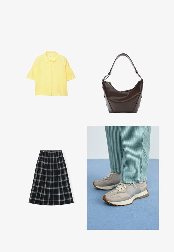 Košulja s kratkim rukavima i ovratnikom u svijetloj žutoj boji, izrađena od lagane tkanine s opuštenim krojem i kopčanjem dugmadi sprijeda.; Crna i bijela karirana suknja s gumiranim pojasom, do koljena, s lepršavim dizajnom i mekanom teksturom tkanine.; Sivi tenisice s panelima od antilopa i mreže, bijelim vezicama i strukturiranom potplatom. Nosi se s hlačama prugastog uzorka u tirkiznoj boji. Plava teksturirana pozadina.; Tamno smeđa kožna torba sa zakrivljenim oblikom, zatvaranjem na zip i kratkom drškom. Ima metalne detalje i dekorativne crne dugmadi sa strane.