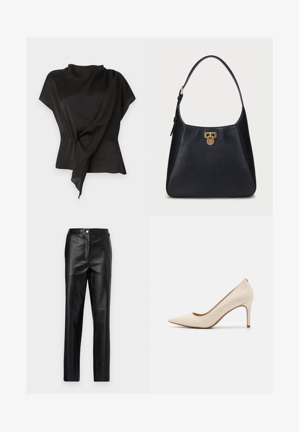 Bluză neagră dintr-un material neted, cu un design drapat și un detaliu legat la talie, având mâneci scurte.; Pantaloni din piele ecologică negri cu model de crocodil, fit slim, design drept, având închidere cu nasture în față și talie standard.; Pantof cu toc înalt bej, cu vârful ascuțit, partea superioară din piele netedă și toc subțire stiletto. Prezintă un decolteu jos și fără elemente metalice vizibile.; Geantă de umăr din piele neagră, cu un design curvature, având un închizător din aur și o curea rotundă. Textură netedă, cu accente minime.