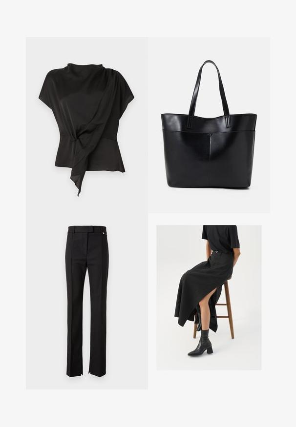 Svart bluse laget av glatt stoff, med et drapert design og en knyttedetalj i livet samt korte ermer.; Svarte skreddersydde bukser med rett ben-design, som har en midje med knappeåpning og sidesplitter i bunnen.; Svart lin maxi skjørt med høyt splitt, brukt med en svart t-skjorte og svarte ankelstøvler. Minimalistisk design med avslappet passform.; Svart lær toteveske med to lange håndtak, en glatt tekstur og en strukturert form. Har en frontlomme for ekstra oppbevaring.