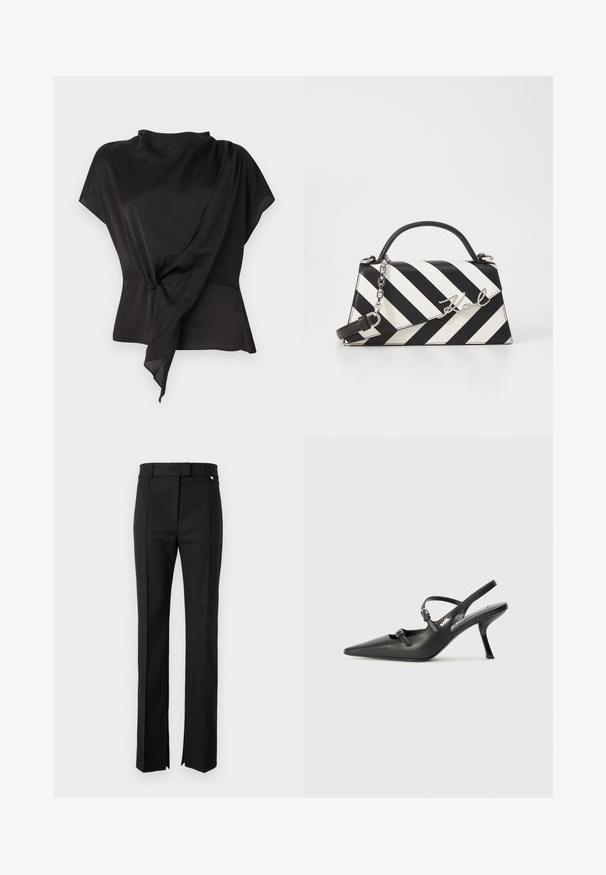 Melna blūze, izgatavota no gludas auduma, ar drapētā dizaina un sasietu detaļu jostasvietā, un īsām piedurknēm.; Melni pielāgoti bikses ar taisnu kāju dizainu, ar jostu, kurai ir pogu aizdare un sānu šķēlumi pie apakšas.; Melnas ādas slingback papēži ar norādītu purngalu, izsmalcinātu papēdi un dekoratīvu sprādzi uz priekšpuses. Gluda tekstūra un elegants dizains.; Melnām un baltām svītrām rotāta rokassoma ar strukturētu formu, ar augšējo rokturi, noņemamu ķēdes siksnu un metāla logotipa akcentu.