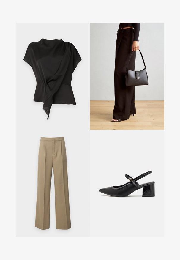 Svart bluse laget av glatt stoff, med et drapert design og en knyttedetalj i livet samt korte ermer.; Beige vide bukser laget av et teksturert stoff. Har frontfolder og flat midje. Ingen synlige lukkemekanismer eller lommer.; Sorte lakk lær slingback hæler med spiss tå, et avrundet utskjæringsdesign og blokkheel. Har en gulltone spenne som detalj.; Svart håndveske med strukturert form, jevn tekstur og metallisk lås. Kombinert med brede svarte bukser og sandaler med åpen tå på tregulv.