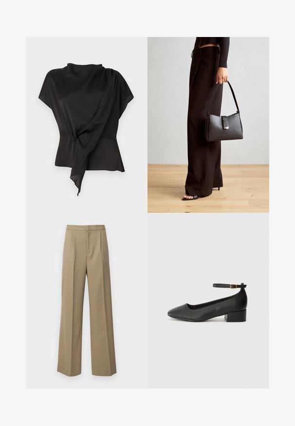 Juoda palaidinė, pagaminta iš lygaus audinio, su drapiruotu dizainu, kuriame yra mazgo detalė ties liemeniu ir trumpomis rankovėmis.; Kreminės plačios kelnės, pagamintos iš tekstūruoto audinio. Yra priekiniai klostės ir plokščias liemuo. Nėra matomų užsegimų ar kišenių.; Juodas odinis aukštakulnis batelis su smailiu pirštu ir žemu bloku. Su kulkšnies dirželiu su auksinės spalvos sagtimi. Lygus paviršius.; Juodas rankinė struktūrizuota forma, lygi tekstūra ir metalinis užsegimas. Suporuota su plačiomis juodomis kelnėmis ir atvirais bateliais ant medinių grindų.