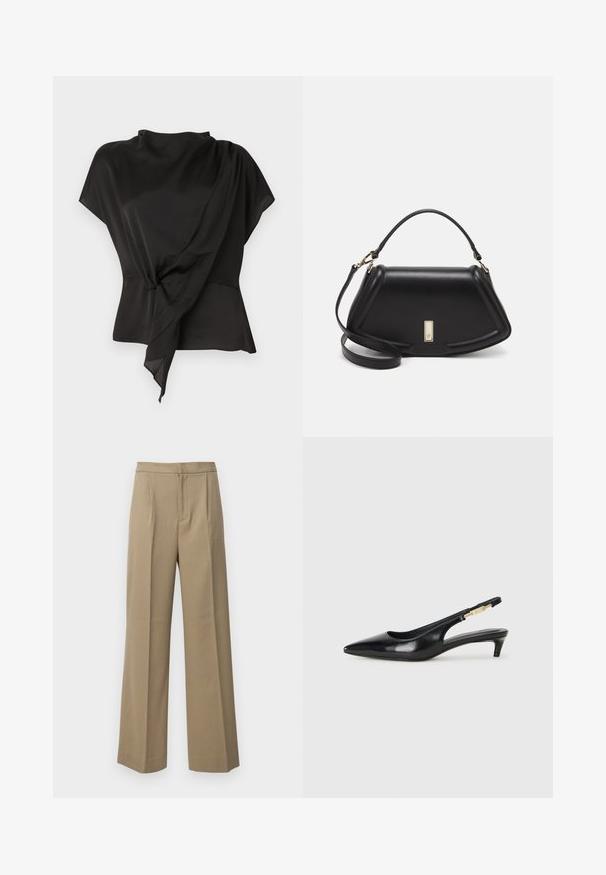 Schwarze Bluse aus glattem Stoff, mit einem drapierten Design und einem geknoteten Detail in der Taille sowie kurzen Ärmeln.; Beige weite Hosen aus einem strukturierten Stoff. Mit vorderen Falten und einem flachen Bund. Keine sichtbaren Verschlüsse oder Taschen.; Schwarze Leder-Slingback-Pumps mit spitzem Schuhblatt, ausgestattet mit einem schlanken Absatz und einem goldfarbigen Akzent am verstellbaren Riemen. Glatte Textur.; Schwarze Lederhandtasche mit einem strukturierten Design, das eine verkürzte Form, einen oberen Griff und goldfarbene Hardware-Details aufweist. Verstellbarer Schulterriemen ist enthalten.