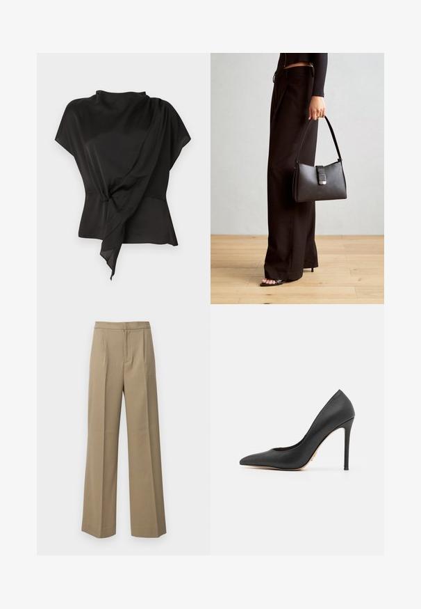 Svart bluse laget av glatt stoff, med et drapert design og en knyttedetalj i livet samt korte ermer.; Beige vide bukser laget av et teksturert stoff. Har frontfolder og flat midje. Ingen synlige lukkemekanismer eller lommer.; Sorte høyhælede pumps laget av glatt skinn, med spiss tå, slank stilettog heel og en subtil gullakzent nær hælen.; Svart håndveske med strukturert form, jevn tekstur og metallisk lås. Kombinert med brede svarte bukser og sandaler med åpen tå på tregulv.