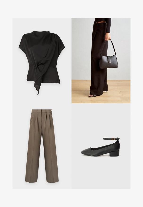 Zwarte blouse van gladde stof, met een gedrapeerd ontwerp en een geknoopt detail in de taille, en korte mouwen.; Bruine op maat gemaakte broeken met een wijde pasvorm, plooien en een gladde textuur. Voorzien van een aansluitende tailleband en riemlussen.; Zwarte leren pump met een spitse neus en een lage blokhak. Beschikt over een enkelband met een goudkleurige gespsluiting. Gladde textuur.; Zwarte handtas met gestructureerde vorm, gladde textuur en een metalen sluiting. Gecombineerd met brede zwarte broeken en sandalen met open teen op een houten vloer.