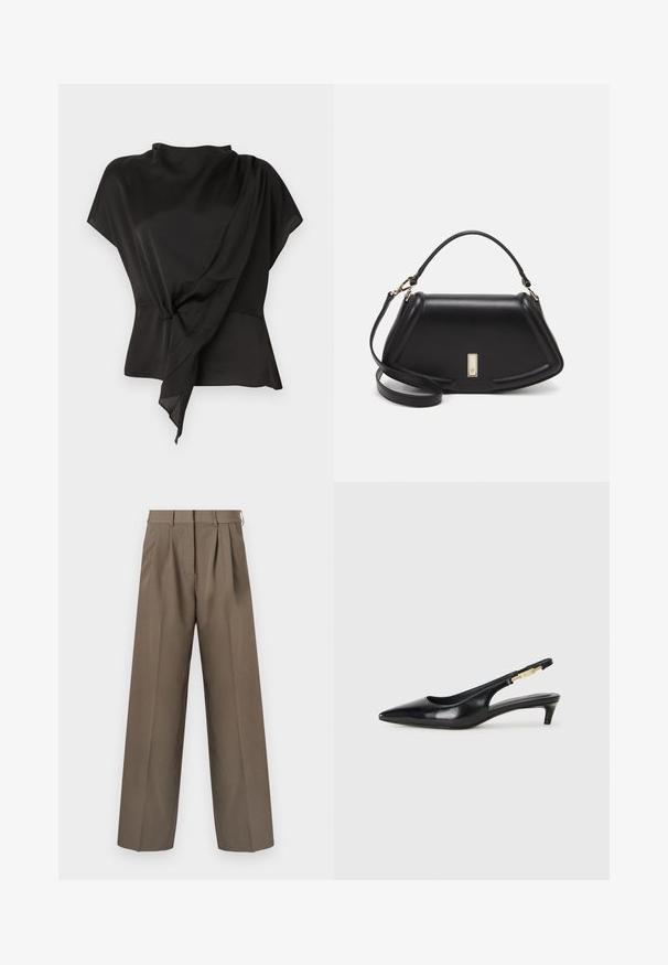 Melna blūze, izgatavota no gludas auduma, ar drapētā dizaina un sasietu detaļu jostasvietā, un īsām piedurknēm.; Brūni šūti bikses ar plašu kāju dizainu, krokām un gludu tekstūru. Iezīme ir pieguļoša jostasvieta un jostu cilpas.; Melnas ādas slingback zābaki ar smailu purngalu, ar šauru papēdi un zelta krāsas akcentu uz regulējama siksniņas. Gluda tekstūra.; Melnas ādas roku soma ar struktūru, ar īsu formu, augšējo rokturi un zelta aksesuāriem. Iekļauta regulējama plecu siksna.