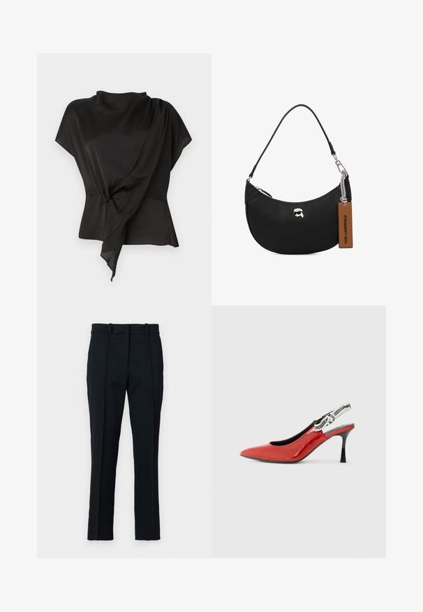 Fekete blúz sima anyagból, drapírozott kialakítással, csomós részlet a deréknál és rövid ujjakkal.; Fekete nadrág sima anyagból, lapos elülső résszel, két elülső redővel és klasszikus fazonnal, övhurkokkal.; Piros lakkbőr slingback cipő hegyes orral, fekete sarokkal és díszes szövetpánttal, amely ismétlődő logó mintázattal díszített.; Fekete bőrtáska, melynek felülete szemcsés, ívelt formájú, felül zippzárral záródik, ezüst színű fémrészletekkel és barna cimkével rendelkezik. Jellemzője a logós díszítés.