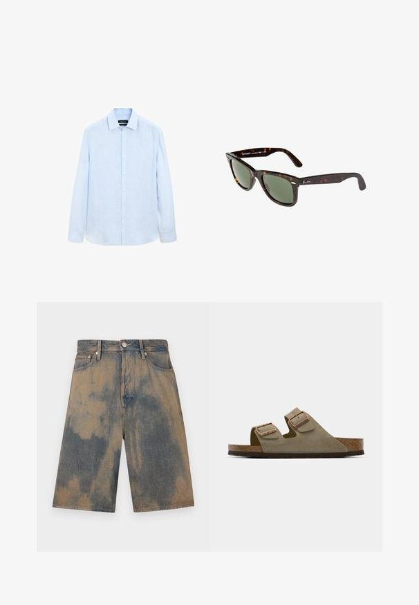 Light blue long-sleeve button-up shirt made of textured fabric; features a classic collar and button placket, with a slightly relaxed fit.; Denim shorts with a faded blue and beige tie-dye effect, featuring a classic five-pocket design and metal hardware details.; Light taupe suede sandal with two adjustable straps and rose gold hardware. Cork footbed on a textured brown sole. Open-toe design.; Wayfarer sunglasses with dark tortoiseshell plastic frame, green lenses, and silver Ray-Ban logo on the temple.