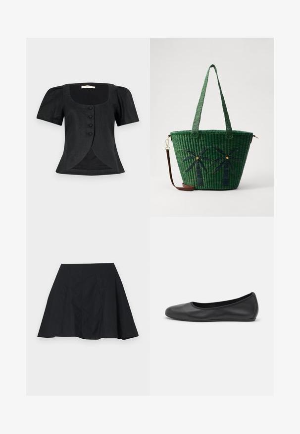 Fekete, rövid ujjú blúz, szögletes nyakmegoldással, fitted fazonnal, hat elülső gombbal és enyhe bővítéssel az alján.; Fekete, bő szabású szoknya sima textúrával, függőleges redőkkel és egyszerű dizájnnal. Az alja enyhén aszimmetrikus.; Fekete bőr balettcipő lekerekített orral, sima tekstúrával, minimális varrással és rugalmas talp kialakítással.; Zöld, pálmafával díszített, szőtt bevásárlótáska sötétebb zöld színben; két fogantyúval és levehető barna bőrpánttal rendelkezik.