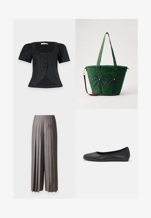 Sort kortærmet bluse med firkantet halsudskæring, der har en tætsiddende pasform, seks frontknapper og en let udvidelse ved kanten.; Grå bredbenede bukser med lodrette folder, skræddersyet design og en glat overflade. Har høj talje og løs pasform.; Sort læderballetsko med rund tå, glat tekstur, minimal syning og et fleksibelt såldesign.; Grøn vævet tote taske med palmetræ designs i mørkere grøn; har to håndtag og en aftagelig brun læderrem.
