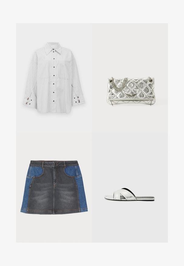 Gai pelēks svītrains pārāk liels pogājamais krekls ar divām frontālām kabatām un kontrastējošām melnām pogām. Mīksta auduma ar slāņotām aprocēm.; Džinsu svārki ar tumši pelēku priekšpusi un gaiši zilu sānu paneļiem, ar regulāru jostasvietu, divām priekšējām kabatām un kontrastējošu dūrienu.; Sudraba plakani slaidu zābaki ar metālisku apdari, piedāvājot izliekta siksniņu dizainu, izgriezumus un teksturētu zoli, kas nodrošina labāku saķeri.; Sudraba metāla rokas soma ar ķēdes rokturi, piedāvā baudāmu struktūru, dekoratīvo šuvju un rāvējslēdzēju aizdari. Priekšpusē ir reljefa akcenti.