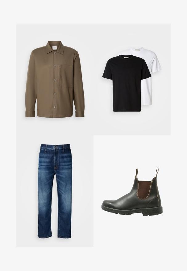 Brown button-up shirt with a collar, long sleeves, a chest pocket, and smooth texture. Features grey buttons along the front.; Two plain cotton T-shirts, one black placed in front of a white one, both with short sleeves and round necklines.; Dark blue straight-leg denim jeans with subtle fading on thighs and a button closure at the waistband, displayed on a white background.; Chelsea boot made of smooth black leather with brown elastic side panels, contrasting stitching, and a textured rubber sole.