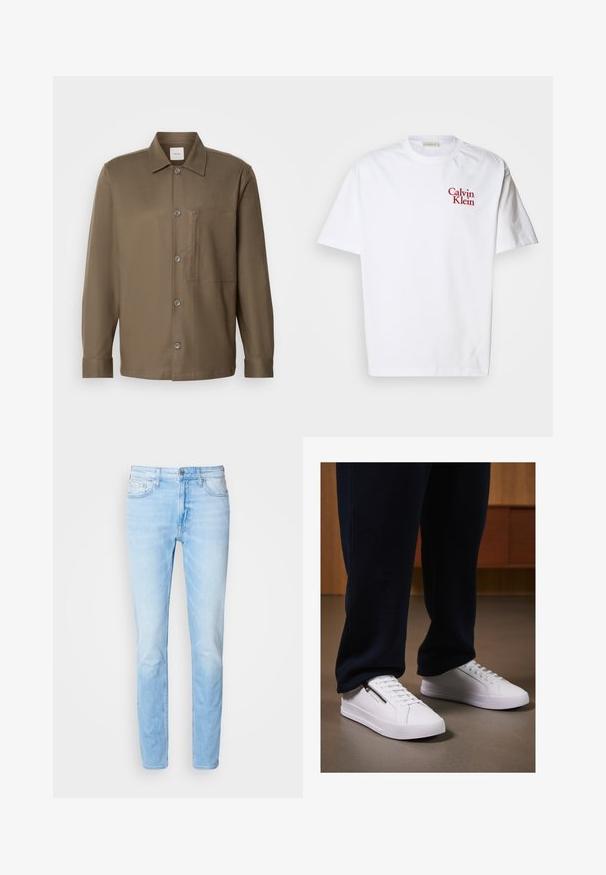 Ruda mygtukų marška su apykakle, ilgomisRankovėmis, krūtine kišenė ir lygia tekstūra. Yra pilki mygtukai priekyje.; Balta medvilninė marškinėlių suapvalintu kaklu, trumpomis rankovėmis ir raudonu siuvinėtu "Calvin Klein" logotipu ant krūtinės.; Šviesiai mėlynus džinsus su tiesia iškirpte, penkių kišenių dizainu, mygtuko užsegimu ir nedideliu dilimu. Klasikinis siuvinėjimas išilgai siūlių.; Baltos sportbačiai su lygiu odiniu paviršiumi, plokščiu padu ir raištelių dizainu. Šoninė užtrauktuko detalė prideda funkcionalumo. Suderinti su tamsiais džinsais.