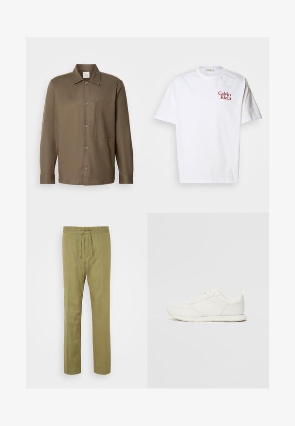 Camisa marrón de botones con cuello, mangas largas, un bolsillo en el pecho y textura suave. Presenta botones grises en el delantero.; Camiseta de algodón blanca con cuello redondo, mangas cortas y logo bordado en rojo "Calvin Klein" en el pecho.; Pantalones de un suave tono verde oliva, confeccionados con una tela ligera. Cuentan con una cinturilla elástica con cordón y patas rectas.; Zapatilla blanca con parte superior de malla y sintético, puntera redonda, cordones planos y una franja lateral texturizada. Suela de goma con un tirador en la parte posterior.