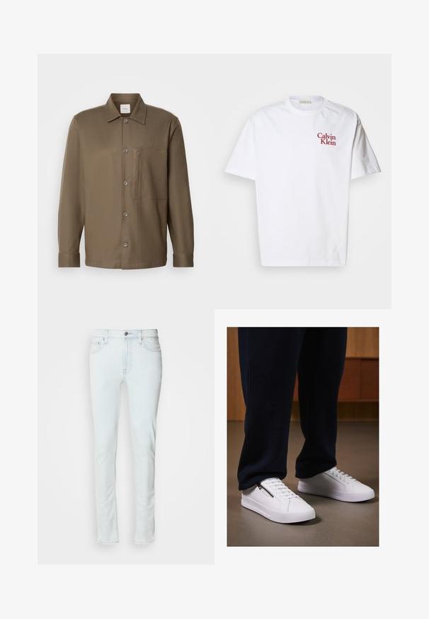 Camisa marrón de botones con cuello, mangas largas, un bolsillo en el pecho y textura suave. Presenta botones grises en el delantero.; Camiseta de algodón blanca con cuello redondo, mangas cortas y logo bordado en rojo "Calvin Klein" en el pecho.; Vaqueros de pana azul claro con un diseño de pierna recta, cinco bolsillos y cierre frontal de botón. Presenta costuras sutiles y un ajuste clásico.; Zapatillas blancas con un acabado de cuero suave, suela plana y diseño con cordones. Detalle de cremallera lateral que añade funcionalidad. Combinadas con joggers oscuros.