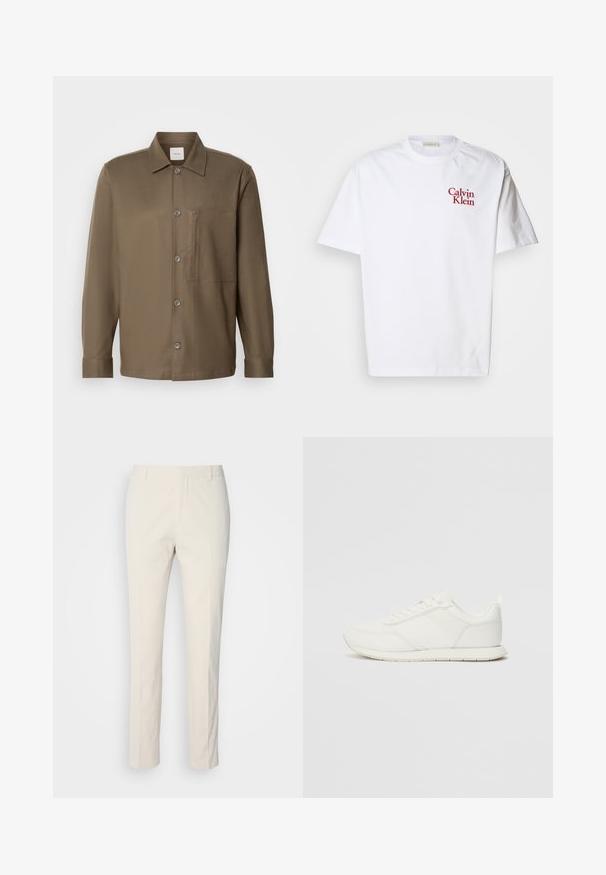 Brown button-up shirt with a collar, long sleeves, a chest pocket, and smooth texture. Features grey buttons along the front.; White cotton t-shirt featuring a crew neck, short sleeves, and red embroidered "Calvin Klein" logo on the chest.; Cream-colored tailored pants with a textured fabric. Features a straight leg design, belt loops, and two front pockets. No patterns.; White sneaker with a mesh and synthetic upper, round toe, flat laces, and a textured side stripe. Rubber sole with a pull tab at the back.