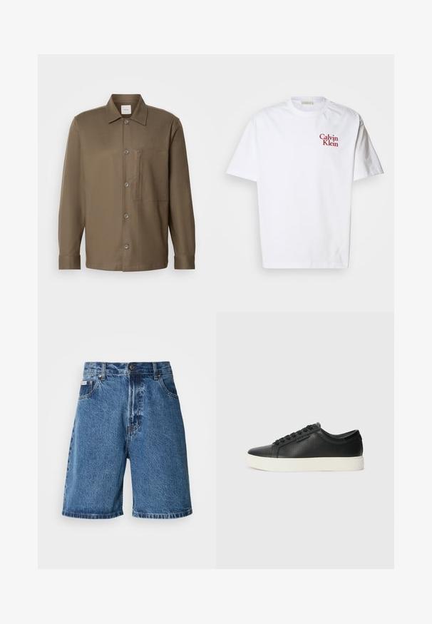 Ruda mygtukų marška su apykakle, ilgomisRankovėmis, krūtine kišenė ir lygia tekstūra. Yra pilki mygtukai priekyje.; Balta medvilninė marškinėlių suapvalintu kaklu, trumpomis rankovėmis ir raudonu siuvinėtu "Calvin Klein" logotipu ant krūtinės.; Džinsiniai šortai išblukusios mėlynos spalvos, aukštu liemeniu, su dviem priekinėmis kišenėmis, siuvinėtais akcentais ir mygtuko uždarymu.; Juodi odiniai sportbačiai su perforuotu paviršiumi, apvaliu pirštu ir plokščiu baltu guminiu padu. Yra juodos raišteliai ir subtili logotipo detalė šone.