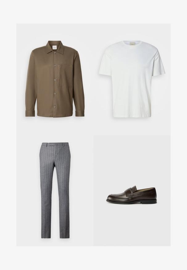 Pruun nööbiga särk, millel on krae, pikad varrukad, rinna tasku ja sile tekstuur. Ees on hallid nupud.; Lihtne valge lühikeste varrukatega ümara kaelusega t-särk, mille krae sees on nähtav Calvin Kleini silt, esitatud neutraalsel taustal.; Hallid rästriped püksid, mis on valmistatud tekstuuriga kangast, omades klassikalist disaini, sirget lõiget ja kahte esimest taskut.; Calvin Klein Jalga libistatavad jalanõud - cocoa brown