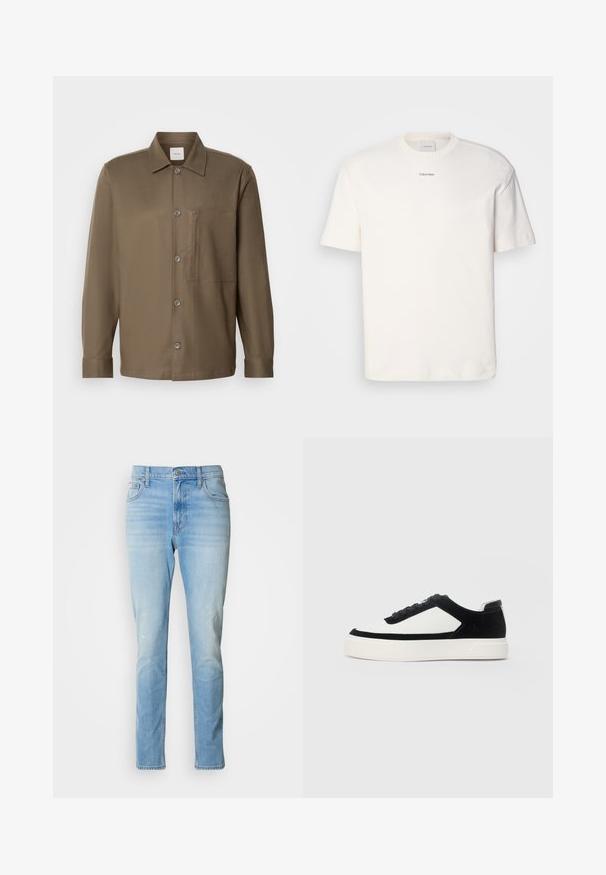 Barna gombos ing, gallérral, hosszú ujjakkal, mellzsebbel és sima textúrával. Szürke gombok találhatók az elején.; Fehér pamut póló, kerek nyakkal, rövid ujjakkal és hímezett "Calvin Klein" logóval a mellkas közepén. Egyszerű design.; Világoskék farmernadrág, egyenes szárú vágással, finom elhalványulással és klasszikus öt zsebes dizájnnal. Gombos záródás és övbújtatók jellemzik.; Alacsony szárú sneaker fekete velúrból és fehér bőrből készült panelekből, fekete fűzőkkel és vastag fehér gumitalppal, a külső oldalról mutatva.