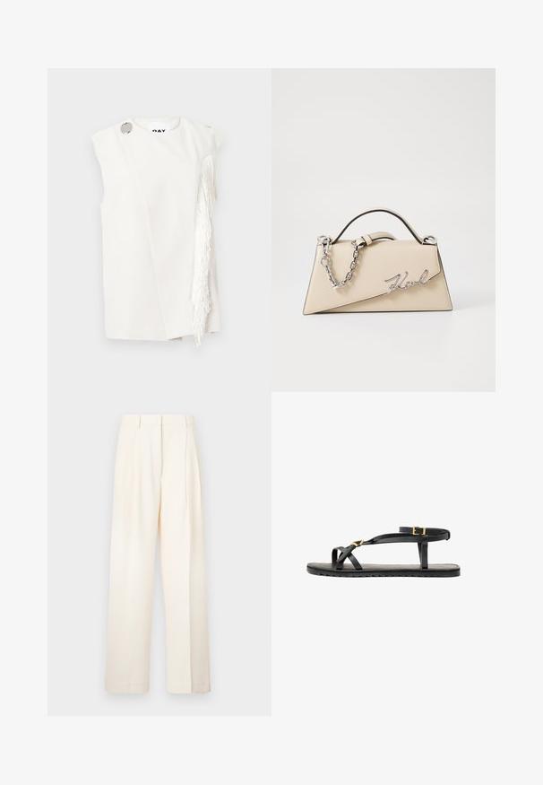 Weißes ärmelloses Oberteil mit seitlichen Fransen, silberner Knopfapplikation an der Schulter, glatter Stoff mit strukturiertem Design, minimalistische Silhouette.; Bequeme, cremefarbene Weite Hosen, aus glattem Stoff gefertigt. Sie verfügen über ein maßgeschneidertes Design mit vorderen Falten und einem geraden Schnitt.; Schwarze Ledersandalen mit dünnen Riemen und einem geschnallten Knöchelriemen. Flache Sohle mit texturiertem Finish und Zickzackkante. Minimalistisches Design.; Beige Leder-Handtasche mit einer strukturierten, dreieckigen Form, ausgestattet mit einem silbernen Kettenhenkel und einem geschwungenen Logo aus Metall.