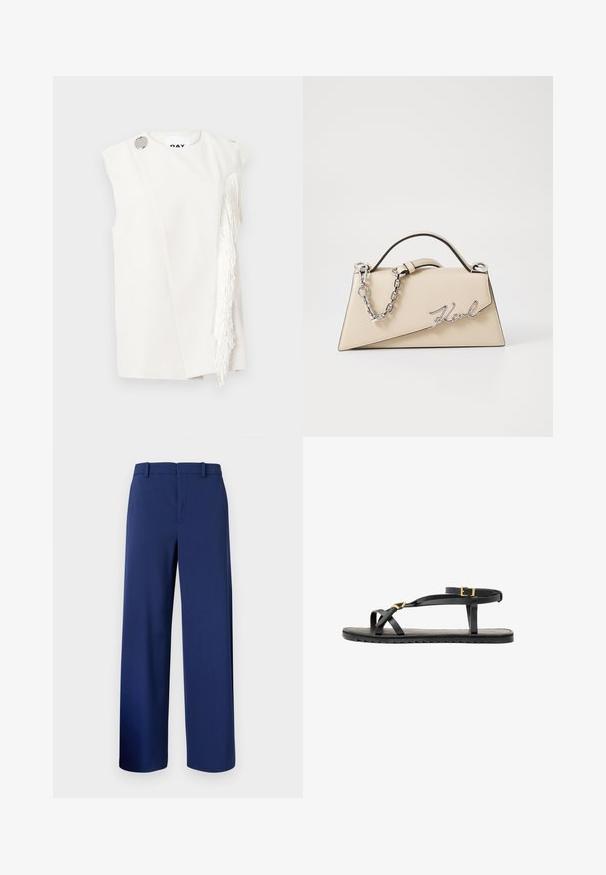 White sleeveless top with side fringe detail, silver button accent at shoulder, smooth fabric with a structured design, minimalistic silhouette.; Navy blue tailored trousers, made of smooth fabric, featuring a straight leg design, belt loops, and a front zip with a hook closure.; Black leather sandals with thin straps and a buckled ankle strap. Flat sole with a textured finish and zigzag edge. Minimalist design.; Beige leather handbag with a structured, triangular shape, featuring a silver chain handle and a cursive logo in metal.
