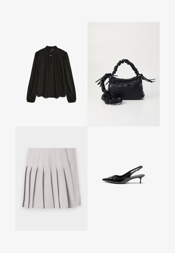 Musta pitkähihaisuus, jossa on poimutettu pyöreä pääntie, hienovarainen nappi yksityiskohta ja virtaava siluetti, valmistettu kevyestä kankaasta.; Harmaa laskostettu hame, jossa on sileä pinta, useita pystysuoria laskoksia ja kapea vyötärö. Valmistettu kevyestä kankaasta.; Mustat nahkaiset slingback-korkokengät, joissa on terävä kärki, pieni kitten-korko ja koristeellinen solki edessä. Yksinkertainen pinta kauttaaltaan.; Must-have mustekahvi nahkalaukku krokotiiliaistalla, kiristetty yläosa ja rypistetty hihna. Näyttää pehmeältä ja kompaktilta muotoilultaan.
