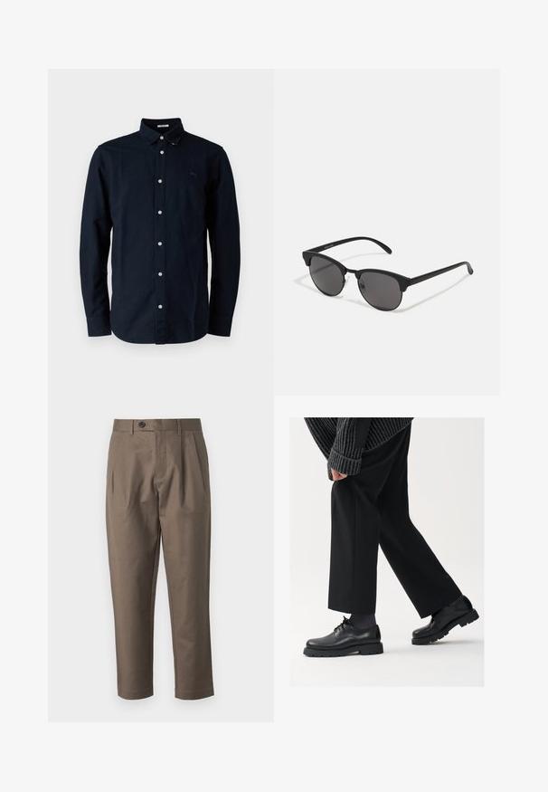 Marinblå knap-op skjorte lavet af bomuld, med klassisk krave, lange ærmer og et lille broderet logo på brystet.; Brune, skræddersyede bukser med flad front, to sidelommer og knaplukning. Glat, letvægtsstof med lige ben-design.; Sorte lædersko med rund tå, snørebåndsdesign og tyk, tekstureret sål. Båret sammen med skræddersyede sorte bukser og en ribbet sweater.; Sorte solbriller med runde linser, mat finish og karakteristisk katteøje-form. Slanke arme med subtil branding på venstre stel.