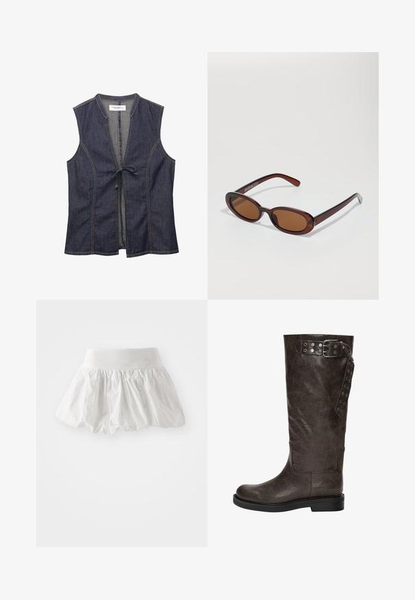 Vest din denim cu decolteu în V, design fără mâneci și închidere prin legare în față. Prezintă o cusătură contrastantă și un material moale, texturat.; Fustă mini albă dintr-un material ușor. Prezintă un design gathered și evazat, cu o talie lată. Textură netedă, fără modele vizibile.; Botă maro din piele, până la genunchi, cu un finisaj texturat, având o cataramă și accente cu capse pe lateral și o talpă plată din cauciuc.; Ochelari de soare rotunzi, cu nuanțe de brown și cu un cadru lucios de burgund. Brațe subțiri cu detalii subtile de branding. Design cu lentile plate.; Geantă duffel din pânză bleumarin cu curele din piele bej, închidere cu fermoar și un detaliu mic cu logo roșu în față, având un design larg și spațios.; Două agrafe de păr în formă de trandafir: una neagră și una galben pal, realizate dintr-un material delicat, stratificat, cu un finisaj mat.