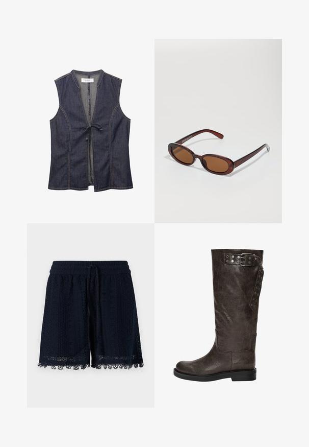 Denimvest med V-udskæring, ærmeløs design og frontbinding. Har kontrastsyninger og et blødt, tekstureret stof.; Mørkeblå shorts lavet af hæklede stoffer med et struktureret mønster og blondekant i forneden. Elastisk taljebånd med snøre.; Brune læderknæhøje støvler med en struktureret finish, der har en spændedetalje og trykknapaccents på siden, samt en flad gummisål.; Runde, bruntonede solbriller med en glansfuld bordeauxramme. Slanke arme med diskret brandingdetalje. Flad linsedesign.; Marineblå canvas sporttaske med lysebrune læderremme, lynlås lukning og lille rød logo detalje på forsiden, udstyret med et bredt og rummeligt design.; Metallisk sølvvedhæng med en tekstureret, organisk form hængende fra en sort snor. Justerbar længde med små sølvdetaljer.