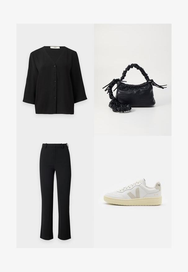 Juodas trumpas rankovėmis marškinėlių apvalkaliukas su V formos iškirpte, pasižymi tekstūruota medžiaga ir šešiais juodais mygtukais priekyje.; Juodos kelnės, pagamintos iš lygaus, tampraus audinio, pasižyminčios prigludusia juosmens linija, dirželio kilpomis ir šiek tiek išsiplėtusiomis kojomis su šoninėmis plyšelėmis.; Balti odiniai sportbačiai su kreminiais zomšos akcentais, perforuota pirštų dalimi, plokščiomis raišteliais ir struktūruota kreminėmis padomis. Ant kulno yra subtilus ženklinimas.; Juodas dirbtinės odos rankinė su krokodilo tekstūra, sušnibždinta viršuje ir susikraipytu dirželiu. Atrodo minkšta ir kompaktiška.