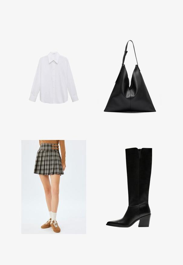 Hvid langærmet skjorte med knaplukning og bred spread krave, der har en glat overflade.; Gråternet nederdel med plisseringer og brune bånd ved taljen. Matchet med brune sneakers og cremede strømper.; Sorte knæhøje støvler lavet af glat læder, med spids tå, blokhæl og en V-formet udskæring foroven.; Sort læder trekantet håndtaske med en enkelt justerbar skulderrem og en blød, let slappet struktur.