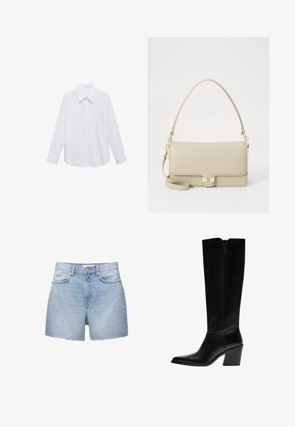 Bela srajca z dolgimi rokavi in širokim ovratnikom, ki ima gladko teksturo in sprednjo zapiralko na gumbe.; Svijetloplave traper šortse s istrošenim rubovima, pet džepova i kopčanjem na dugme. Tkanina ima izblijedjeli izgled i blagu oštećenost.; Črne gležnjarje do kolen iz gladkega usnja, z ostrim nosom, blokinim peto in V-oblikovanim izrezom na vrhu.; Bežna usnjena torbica s strukturirano obliko, z zlatim zaklepom in odstranljivo naramnico. Gladka tekstura in minimalističen dizajn.