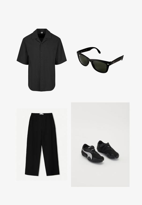 Svart kortärmad skjorta med ett texturerat mönster, spetsig krage och bröstficka. Knäppning framtill.; Svarta vida byxor i texturerat tyg, med elastisk midja och sidofickor. Enkel, minimalistisk design utan utsmyckningar.; Svarta sportskor med texturerade sulor, en slank siluett och grå accentdesign; har ett säkert fäste med rem och snörning.; Svarta plastsolglasögon med mörkgröna linser. Fyrkantig ramdesign med silverdetaljer och en präglad logotyp på skalmen.; Svart läder axelväska med en mjuk, slät yta, böjd topp och rundad botten, uppvisad tillsammans med ljusa byxor.; Söljermetal klocka med fyrkantig klockkapsel, vit urtavla, romerska siffror och armband i silverlänkar. Har en vattentålig design.