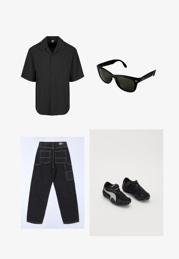 Maglietta nera a maniche corte con un motivo testurizzato, colletto a punta e taschino anteriore. Chiusura con bottoni sul fronte.; Pantaloni in denim nero con una vestibilità rilassata, dotati di numerose tasche, cuciture visibili e un design a gamba dritta.; Scarpe sportive nere con suole testurizzate, una silhouette snella e un design con accenti grigi; presentano una cinghia di chiusura sicura e un sistema di allacciatura.; Occhiali da sole in plastica nera con lenti verde scuro. Il design della montatura quadrata presenta dettagli argentati e un logo in rilievo sulla tempia.; Borsa a spalla in pelle nera con una texture morbida e liscia, parte superiore arcuata e base arrotondata, abbinata a pantaloni chiari.; Orologio da polso in metallo argentato con cassa quadrata, quadrante bianco, numeri romani e bracciale a maglie argentate. Presenta un design resistente all'acqua.