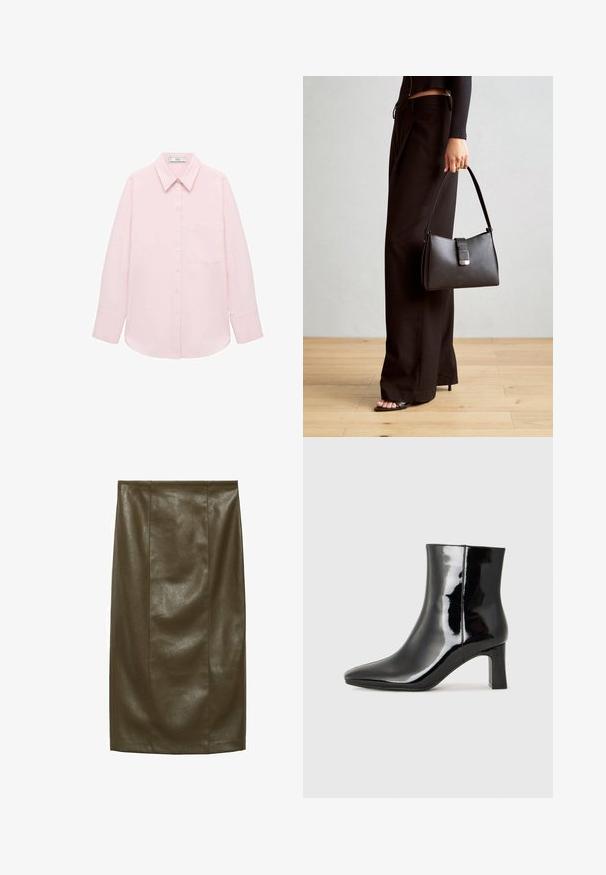Chemise longue à manches longues rose clair avec une fermeture à boutons, col pointu, poche unique et texture lisse. Caractérisée par des manches à poignets.; Jupe crayon en similicuir vert olive avec une texture lisse, longueur genoux, dotée de coutures verticales pour un look ajusté.; Bottines en cuir verni noir avec un bout pointu et un talon block de hauteur moyenne. Texture lisse et design minimaliste.; Sac à main noir à la forme structurée, texture lisse et fermoir métallique. Associé à un pantalon noir ample et des sandales ouvertes sur un sol en bois.