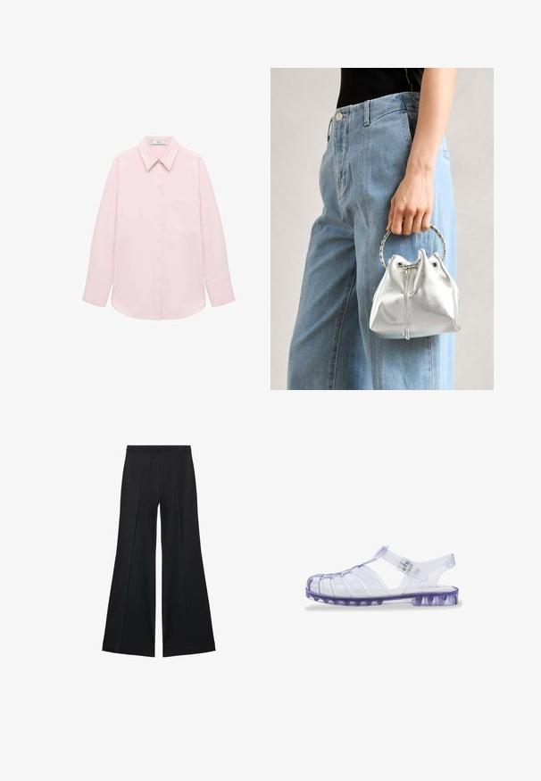 Light pink long-sleeve shirt with a button-up front, pointed collar, single pocket, and smooth texture. Features cuffed sleeves.; Black wide-leg pants with a smooth texture, featuring front pleats and a tailored design. The fabric is lightweight and flowy.; Transparent purple plastic sandals with a closed toe, open back, and adjustable strap. Features horizontal and vertical cutouts.; Metallic silver bucket bag with a textured finish, adorned with a silver round handle and drawstring closure, held against light blue jeans.