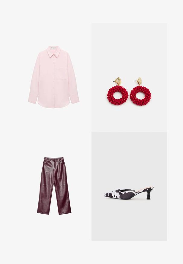 Světle růžová dlouhá košile s knoflíkovým zapínáním, špičatým límcem, jednou kapsou a hladkou texturou. Má manžety se zapínáním.; Burgundské kožené kalhoty s širokými nohavicemi a hladkým povrchem, s rozparkem na zip, předními kapsami a přizpůsobeným střihem.; Sandalové lodičky s špičatou špičkou a zúženým páskem v černobílem vzoru kravské kůže. Textilní svršek s texturovaným povrchem a štíhlým černým podpatkem.; Červené kroužkové náušnice pokryté korálky s texturovaným povrchem a pozlaceným uzávěrem. Kulatý tvar s otevřeným středem a zaoblenými detaily korálků.