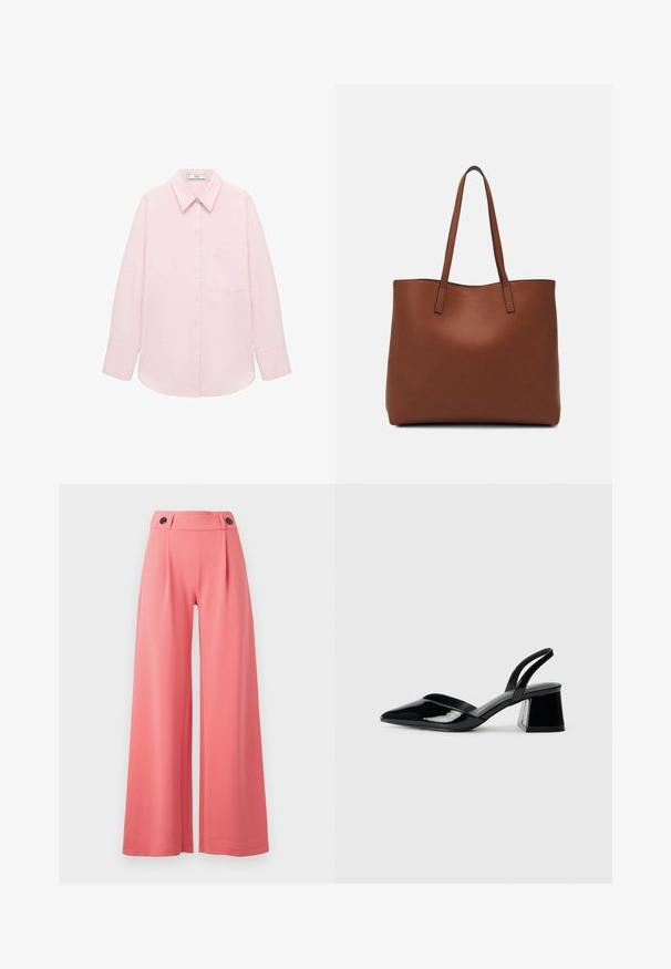 Camisa de manga larga rosa claro con frente abotonado, cuello puntiagudo, un bolsillo y textura suave. Presenta mangas con puños.; Pantalones de pierna ancha en color coral, con una cinturilla alta y dos botones negros, elaborados con una tela suave y un diseño estructurado.; Zapatos de tacón slingback de charol negro con punta afilada y tacón geométrico en bloque. Presentan un diseño elegante y minimalista, así como una textura suave.; Bolso tote de cuero marrón con una textura suave, diseño de apertura superior y dos correas para el hombro. Presenta una costura mínima y sin herrajes visibles.