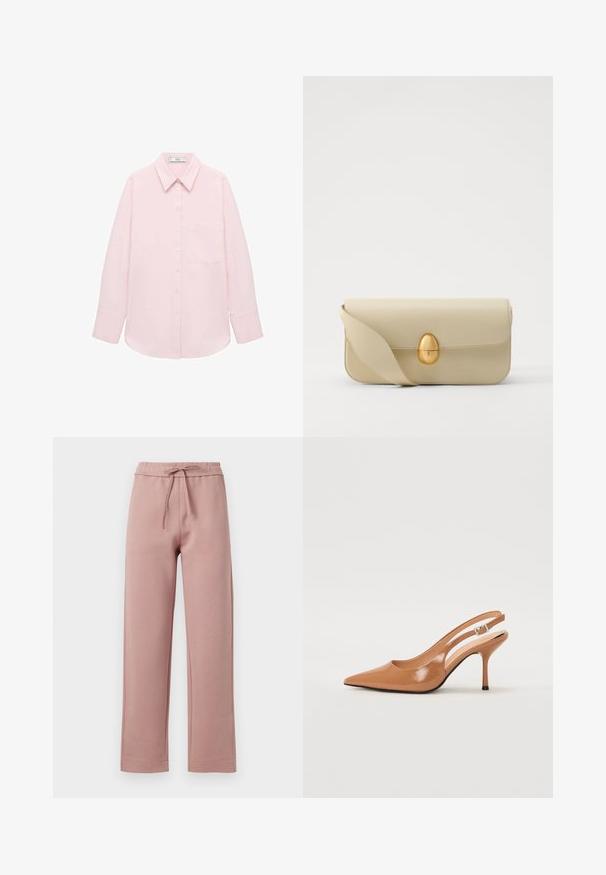Lichtroze langemouwen overhemd met knoopsluiting aan de voorkant, puntige kraag, enkele zak en een gladde textuur. Het heeft omslagmouwen.; Zweetbroek in zacht roze stof, met een trekkoord in de taille, een wijde pijpdesign en rechte zoom met subtiele stikdetails.; Puntige slingback hak in een glad, glanzend beige materiaal. Bevat een gebogen uitsnijdontwerp en een slanke stiletto hak. Zilveren gesp detail.; Beige leren handtas met een gladde textuur, rechthoekige vorm en een gouden ovale sluiting. Beschikt over een lange, verstelbare schouderband.