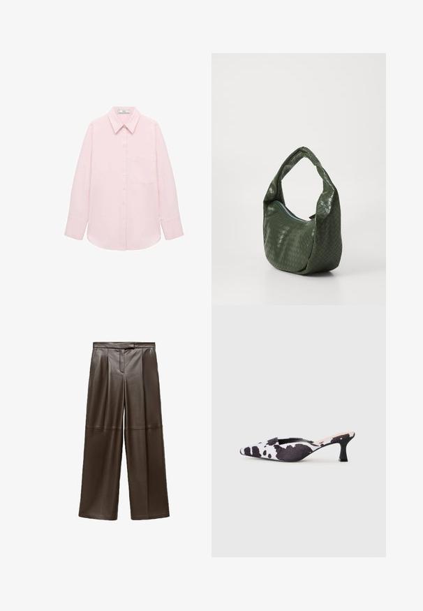 Svetlo roza majica z dolgimi rokavi, z gumbom na sprednji strani, s koničastim ovratnikom, enim žepom in gladko teksturo. Ima manšete z zavihki.; Rjave usnjene hlače širokih nogavic z gladko teksturo, z gubami spredaj in klasičnim dizajnom pasu.; Špičaste slingback pete v črno-beli kravji vzorec. Zgornji del iz tkanine z teksturirano površino in tanek črn pet.; Zelena pletena usnjena torba s konkavno oblikovanim ročajem in zadrgo. Ima teksturirano, vzorčasto površino ter mehko, sproščeno obliko.; Rdeči krožni uhani s perlicami z awkim površjem in zlato-naročnikom za zapiranje. Krog oblike z odprtim središčem in okroglimi podrobnostmi z biseri.