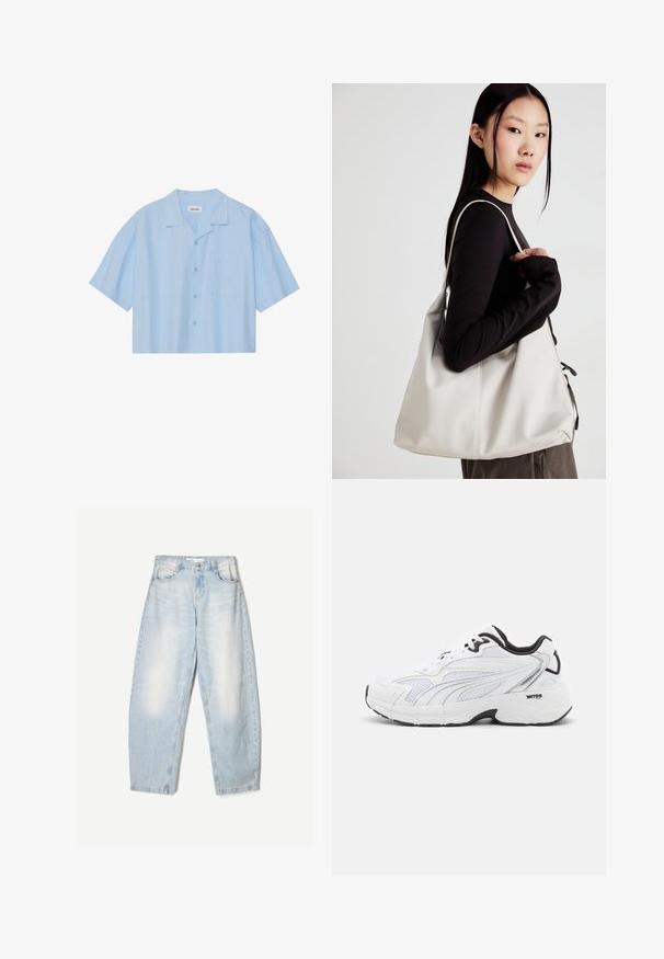 Cămașă scurtă cu mâneci, de culoare albastru deschis, realizată dintr-un material neted, cu guler ascuțit, închidere cu nasturi și un singur buzunar pe piept.; Jeanși din denim albastru deschis, cu o croială lejeră, având un finisaj decolorat, două buzunare frontale și o închidere cu nasture la talie.; Tenisii sport albi, cu un superior din plasă, accente negre, panouri texturate și o talpă cu amortizare pentru confort și suport.; Geantă bej din material moale, cu un design lejer, detalii cusute și două bretele pentru umăr. Potrivită pentru utilizarea zilnică.