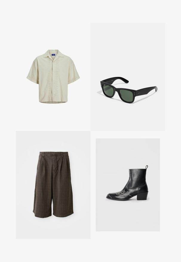Košilě s krátkým rukávem v béžovém lnu s knoflíkovým zapínáním, zdobená detaily z výřezů podél středu a manžet rukávů. Rovný lem.; Hnědé pruhované šortky volného střihu. Vyrobené z lehké látky, s plisováním a ohrnutým lemem pro dodatečný detail.; Černé kožené kotníkové boty se čtveratou špičkou, dekorativním prošíváním a nízkým blokovým podpatkem. Mají poutko pro snadné obouvání.; Černé obdélníkové sluneční brýle se zelenými skly, matným povrchem, nenápadnými kovovými akcenty a Embosovaným logem na stranicích.