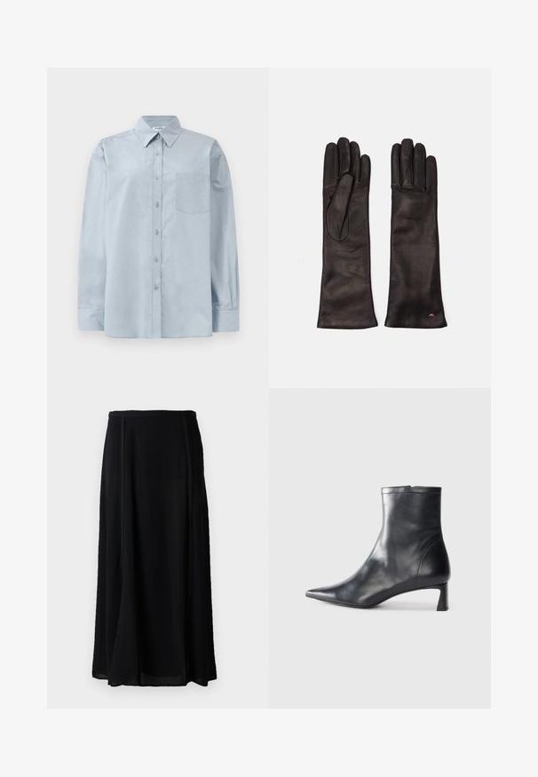 Light blue long-sleeve button-up shirt with pointed collar and chest pocket, laid flat on a white background.; Black maxi skirt made of lightweight material, featuring a flowy design, solid black color, and subtle side seam details.; Black leather ankle boot with a pointed toe and a sleek design. Features a low heel and a zipper closure at the back. Smooth texture.; Weekend Max Mara SENAPE - Gloves - nero