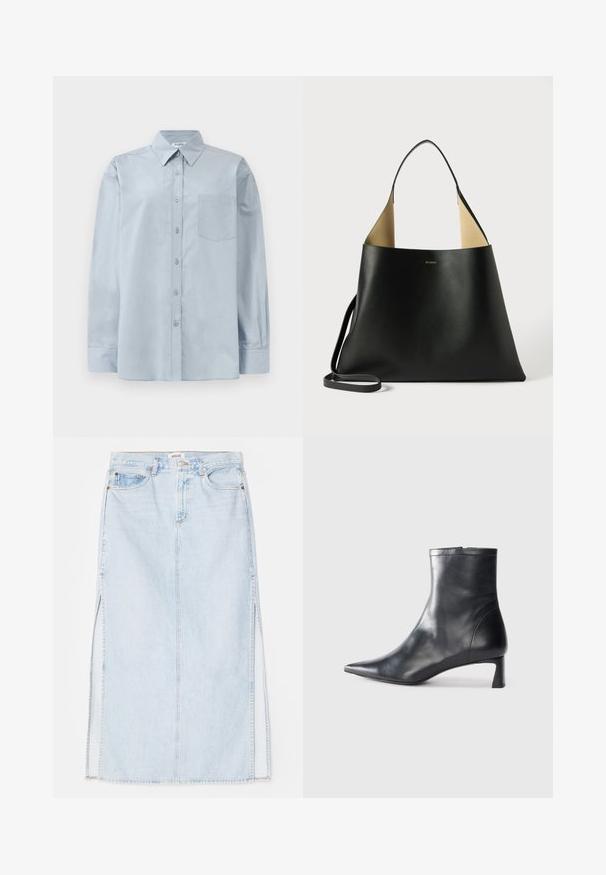 Svijetloplava košulja dugih rukava s gumbima, s oštrim kragnom i džepom na prsima, položena ravno na bijeloj pozadini.; Svijetloplava traper maxi suknja ravnog kroja, sa bočnim izrezima i dizajnom sa pet džepova. Istaknuto šivanje i metalno zatvaranje s dugmetom.; Crne kožne gležnjače s uskim vrhom i elegantnim dizajnom. Imaju niski potpetak i zatvaranje na patentni zatvarač straga. Glatka tekstura.; Crna kožna torba s prostranim, kutnim dizajnom. Ima unutrašnjost u kontrastnoj tamnocrvenoj boji i tanke naramenice. Prikazano minimalističko brendiranje.