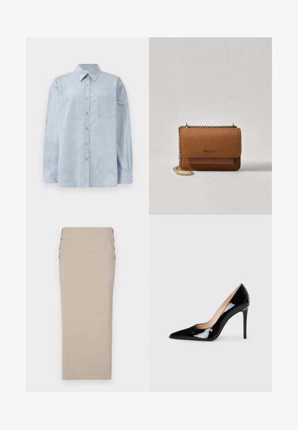 Cămașă albastru deschis cu mânecă lungă, cu guler ascuțit și buzunar pe piept, așezată pe un fundal alb.; Fustă creion bej, realizată dintr-un material neted, cu nasturi laterali, o siluetă elegantă și fără buzunare sau modele vizibile.; Pantofi cu toc înalt din piele patent neagră, cu un design cu vârf ascuțit și o siluetă elegantă. Prezintă un finisaj neted și strălucitor și un toc subțire de tip stiletto.; Geantă crossbody din piele texturată maro, cu curea din lanț aurit și închidere cu clapetă. Partea din față prezintă detalii cu logo și o buzunar sub clapetă.