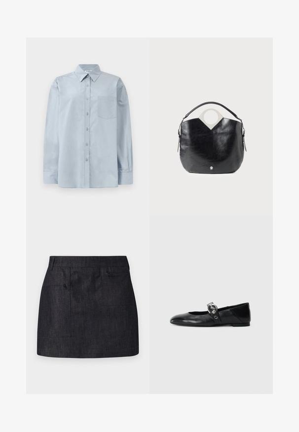 Šviesiai mėlynas ilgomis rankovėmis marškiniai su smailiu apykakle ir krūtinės kišene, ištiesti ant baltos fono.; Tamsiai mėlyna džinsinė sijonas su tiesia iškirpte, turintis dvi priekinės kišenes ir subtilią tekstūrą. Švarus apdaila ir standartinis juosmens dizainas.; Juodų odinių baletinių batelių su smailiu nosiu, su užrišamu dirželiu su apvalia metaline sagtimi ir plokščiu padu.; Juodas odinis krepšys su kreipta forma, apvalia viršutine rankena ir sidabriniu logotipu. Lygus paviršius ir akcentuota išpjovų dizaino detalė.